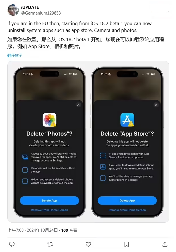 东莞苹果手机维修分享iOS 18.2 支持删除 App Store 应用商店 